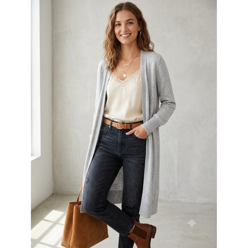Lucky Brand Womens Heather Gray Open Front Duster‎ Cardigan Sweater Size Medium